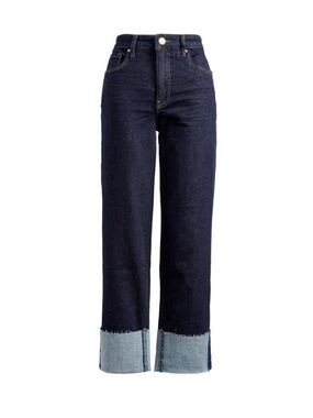 KUT from the Kloth FAY Cuffed High Rise Raw Hem Straight Leg Jeans Dark Wash 6
